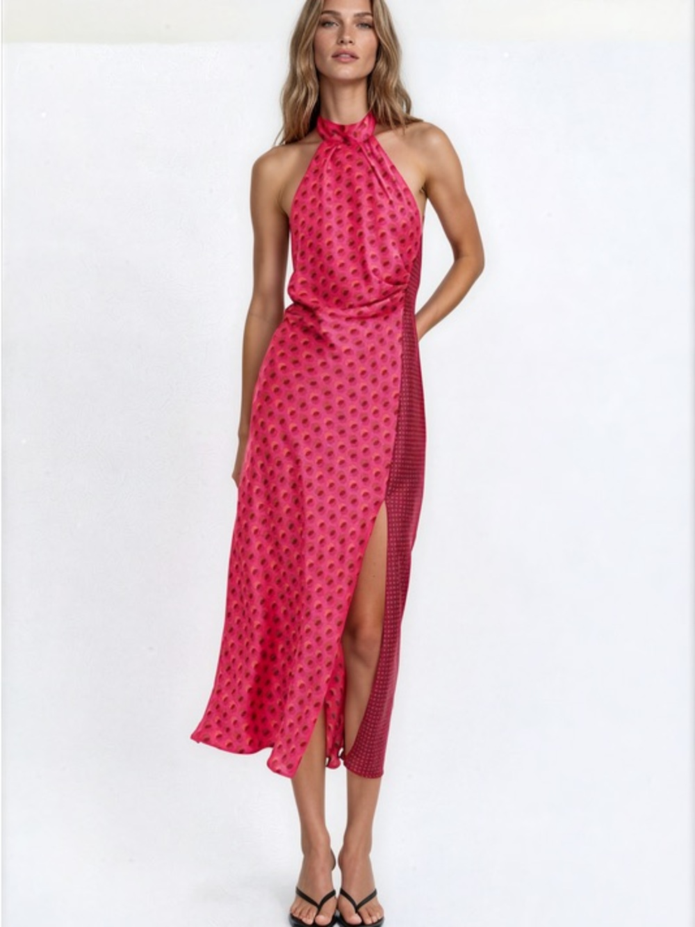 Zara Fuchsia Polka-Dot Halter High-Low Dress with Side Slit